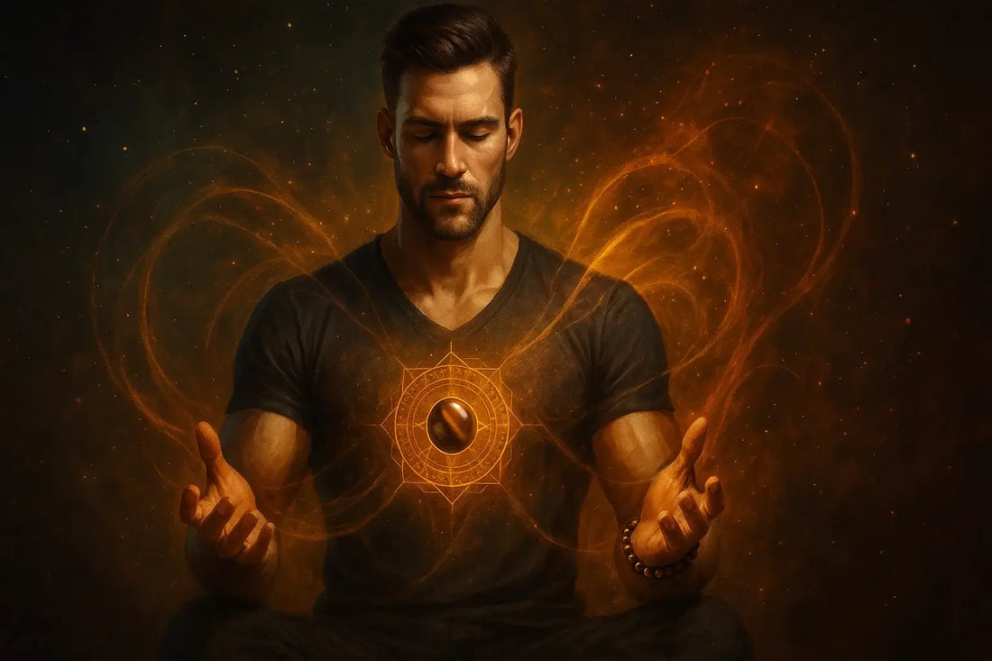 homme méditant avec un bracelet œil de tigre, entouré d’une aura dorée symbolisant la force intérieure, la protection et l’énergie spirituelle.