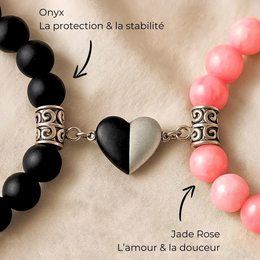 Bracelets couple AMORE formant un cœur – Jade rose et Onyx noir