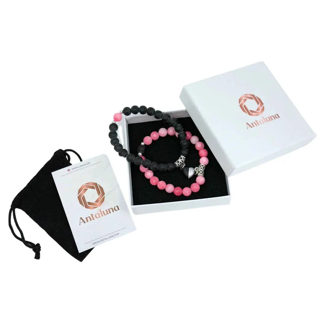 Coffret cadeau Antaluna avec duo de bracelets Jade rose et Onyx