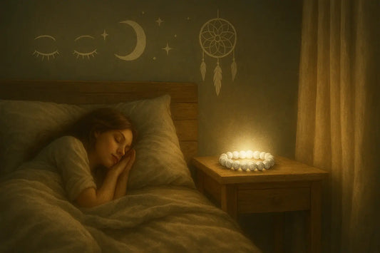 Illustration d'une chambre paisible la nuit, baignée d’une lumière douce, avec des symboles de pierre howlite flottant autour d’une silhouette endormie, évoquant les bienfaits de la howlite sur le sommeil.