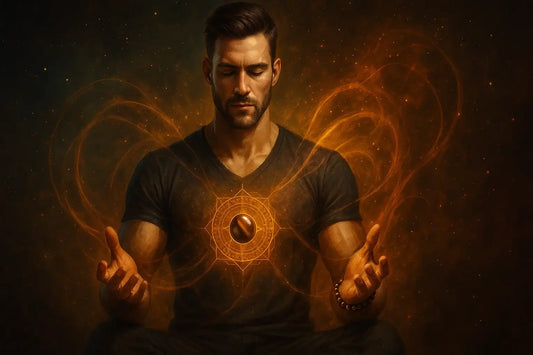 homme méditant avec un bracelet œil de tigre, entouré d’une aura dorée symbolisant la force intérieure, la protection et l’énergie spirituelle.