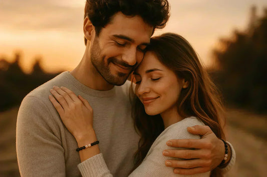 Jeune couple amoureux profitant d’un moment complice, chacun portant un bracelet en pierre naturelle symbolisant leur lien affectif.