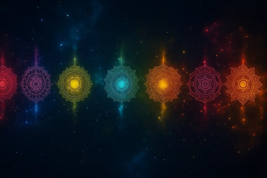 les sept chakras alignés dans un paysage cosmique, avec des mandalas lumineux représentant chaque chakra, allant du rouge au violet