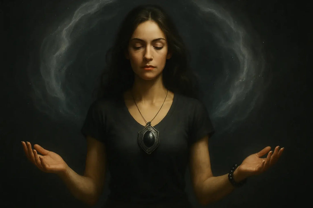 Illustration d’une femme méditative enveloppée d’une aura sombre et lumineuse représentant la pierre d’onyx, symbole de protection, d’ancrage et de force intérieure.