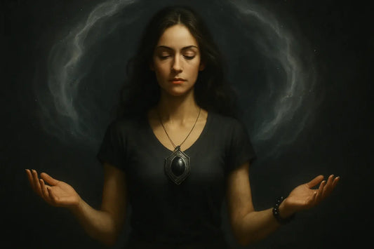 Illustration d’une femme méditative enveloppée d’une aura sombre et lumineuse représentant la pierre d’onyx, symbole de protection, d’ancrage et de force intérieure.