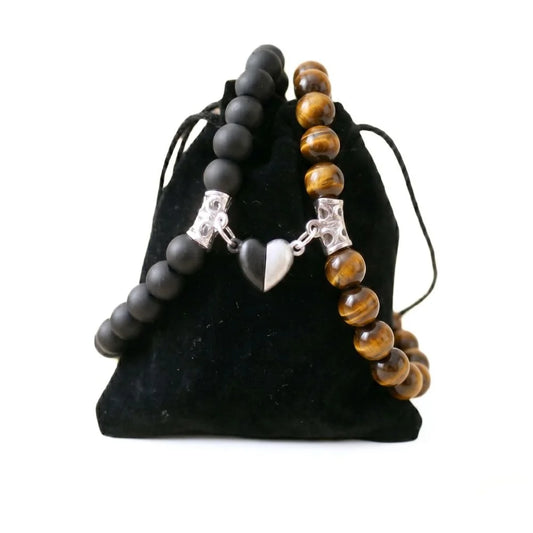 Bracelets Couple AMORE en Oeil de tigre et Onyx de Antaluna.