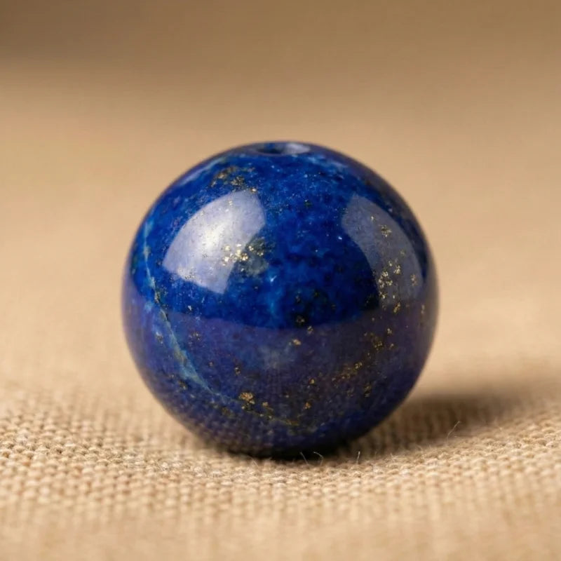 Gros plan d'une perle de Lapis Lazuli d'un bleu outremer profond avec des inclusions dorées de pyrite naturelle.