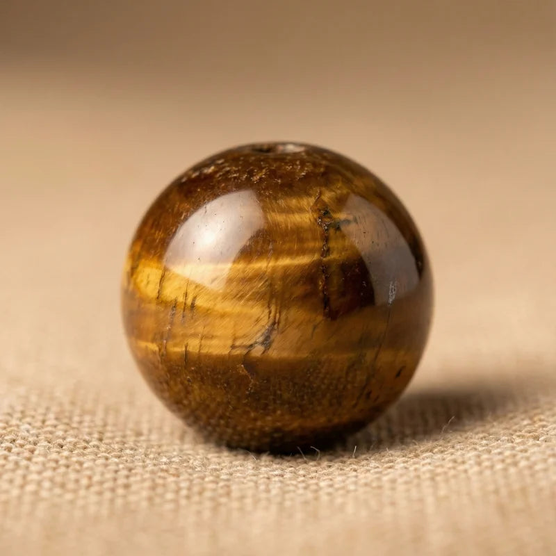 Macro d'une perle d'Œil de Tigre aux reflets chatoyants marron et dorés, mettant en valeur la texture naturelle et l'éclat solaire de la pierre