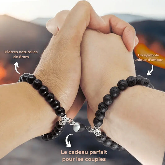 Bracelets couple Pierre de Lave & Onyx portés ensemble – lien fort à distance