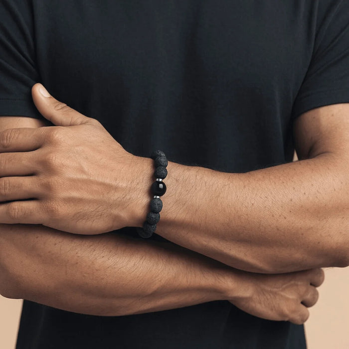Bracelet homme AMORE – Pierre de Lave noire et Onyx naturel
