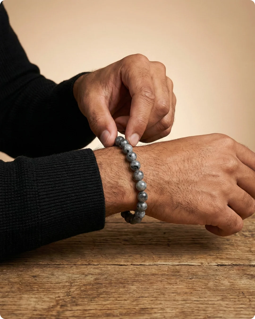 Gros plan d'un homme ajustant son bracelet en pierre naturelle de Labradorite aux reflets gris sur un poignet masculin.