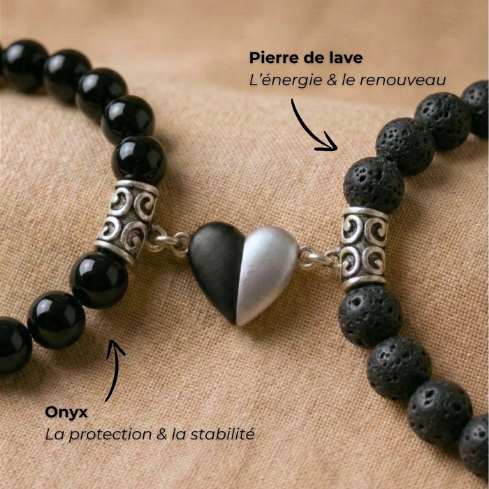 Macro sur le coeur aimanté des bracelets couple distance AMORE noir avec des flèches décrivant la symbolique des pierres.