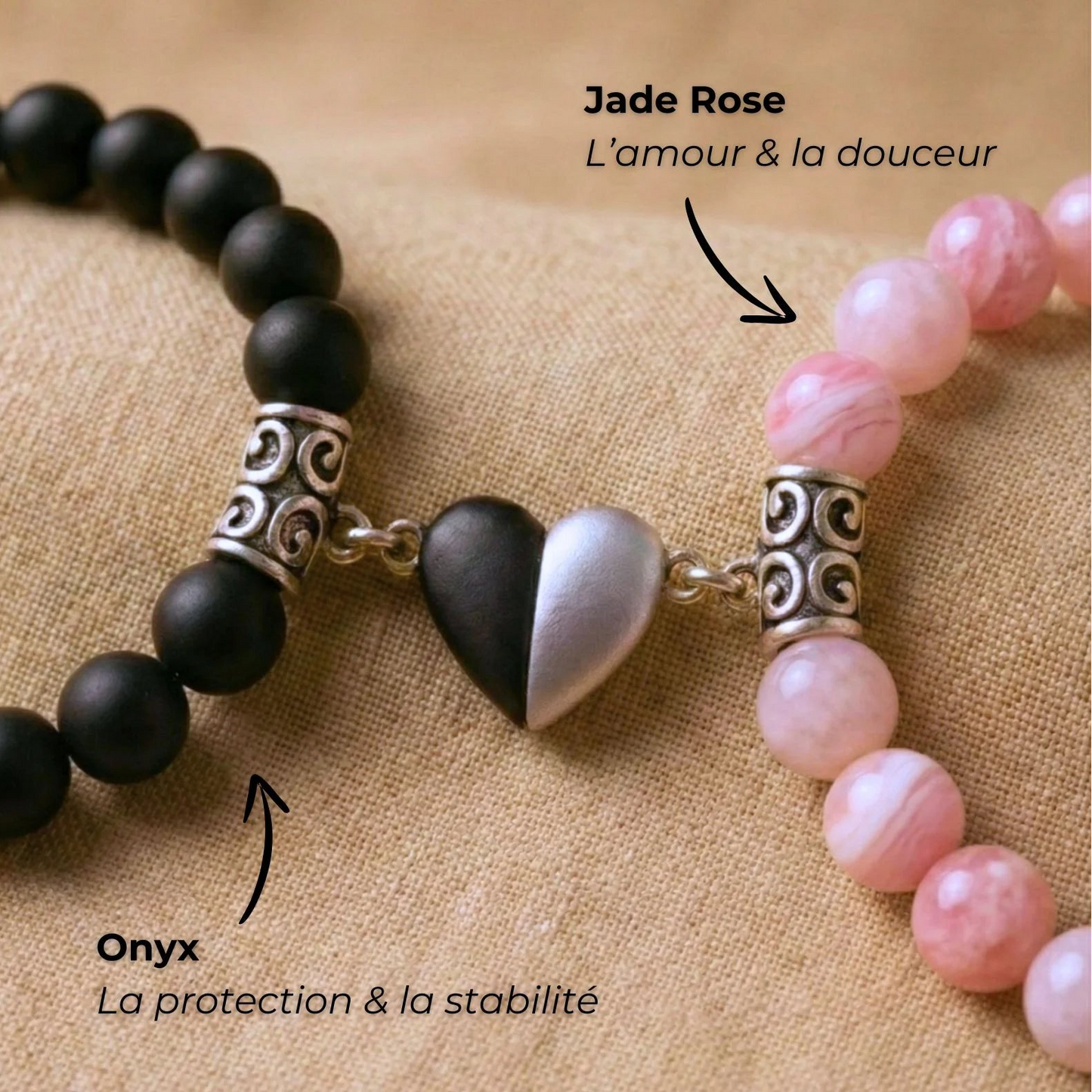 Macro sur le coeur aimanté des bracelets couple distance AMORE rose et noir avec des flèches décrivant la symbolique des pierres.