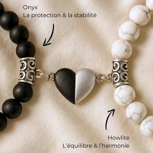 Bracelets couple AMORE en Howlite et Onyx formant un cœur