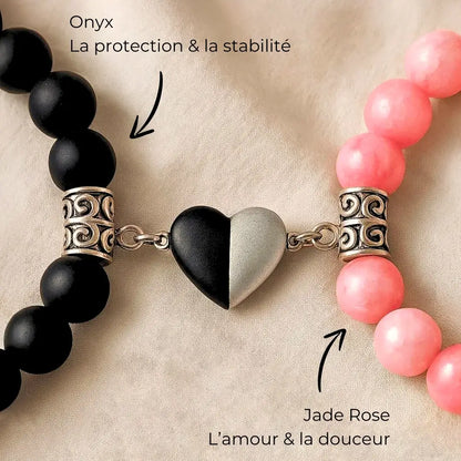 Bracelets couple AMORE formant un cœur – Jade rose et Onyx noir