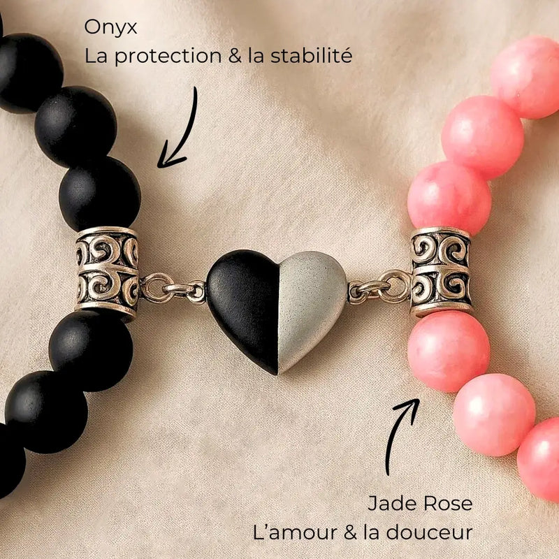 Bracelets couple AMORE formant un cœur – Jade rose et Onyx noir