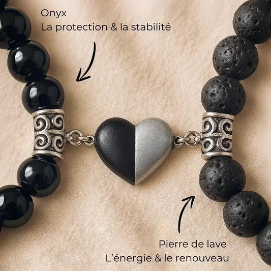  Bracelets couple AMORE formant un cœur – Pierre de Lave et Onyx